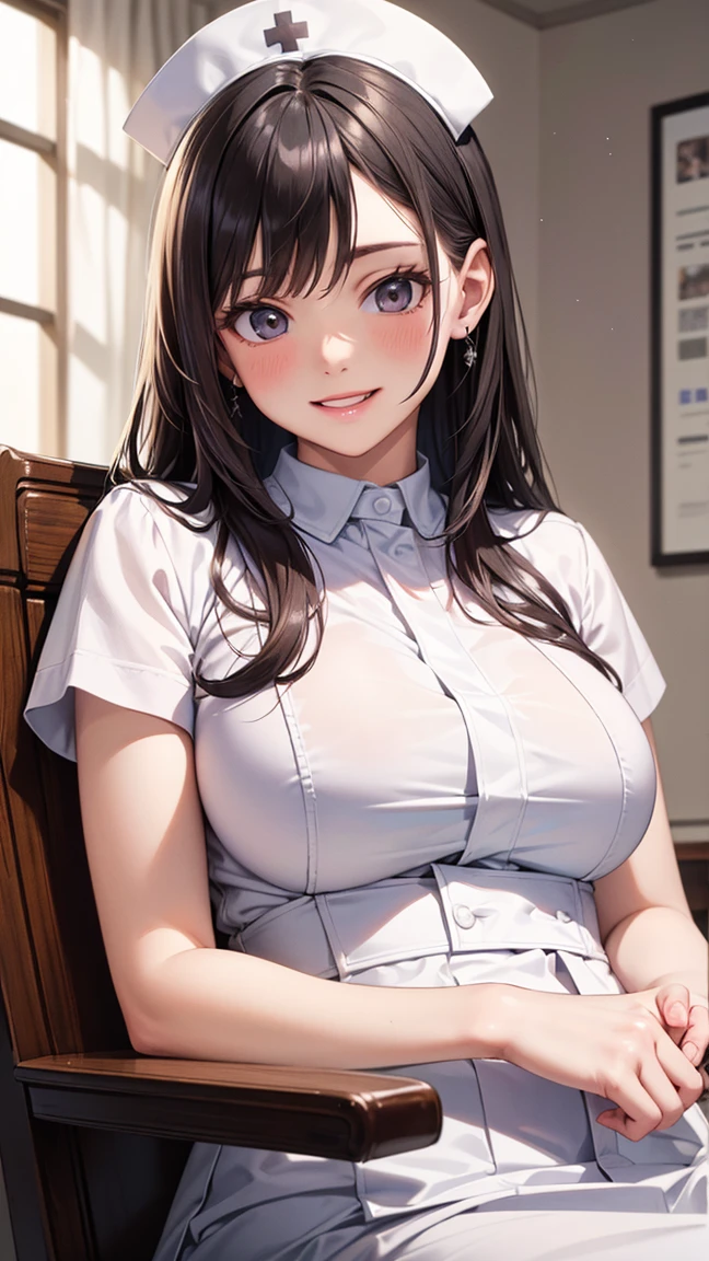 (Modern office indoors), 1. Female ((Independent)), (Brown eyes), (Medium Black Hair), Bans, (Green office casual pencil skirt), (lingerie), (White shirt), (ID card), A gentle blushing smile, (Masterpiece Top quality:1.2), Delicate illustrations, High resolution, Super detailed, Large breasts, (Black Stockings), (Sitting)、Exposing your chest:1.5、Showing pussy:1.8