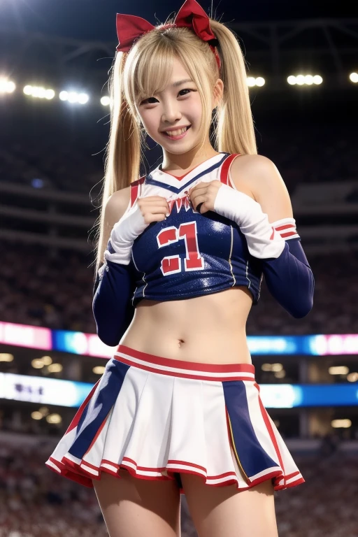 1girl, (Blue Eyes), laughing, ((Sana Minatozaki)), wide hips, Big Boobs, big ass, (Best Quality, 8k, Masterpiece: 1.3), Clear Focus: 1.2, Perfect Body Beauty : 1.4, Slender Abs: 1.2, Highly detailed face and skin texture, detailed eyes, double eyelids, (twintails blonde hair), (cheerleader), pink cheerleader uniform, standing in a basketball stadium, cheering the stands, grandstands in the background