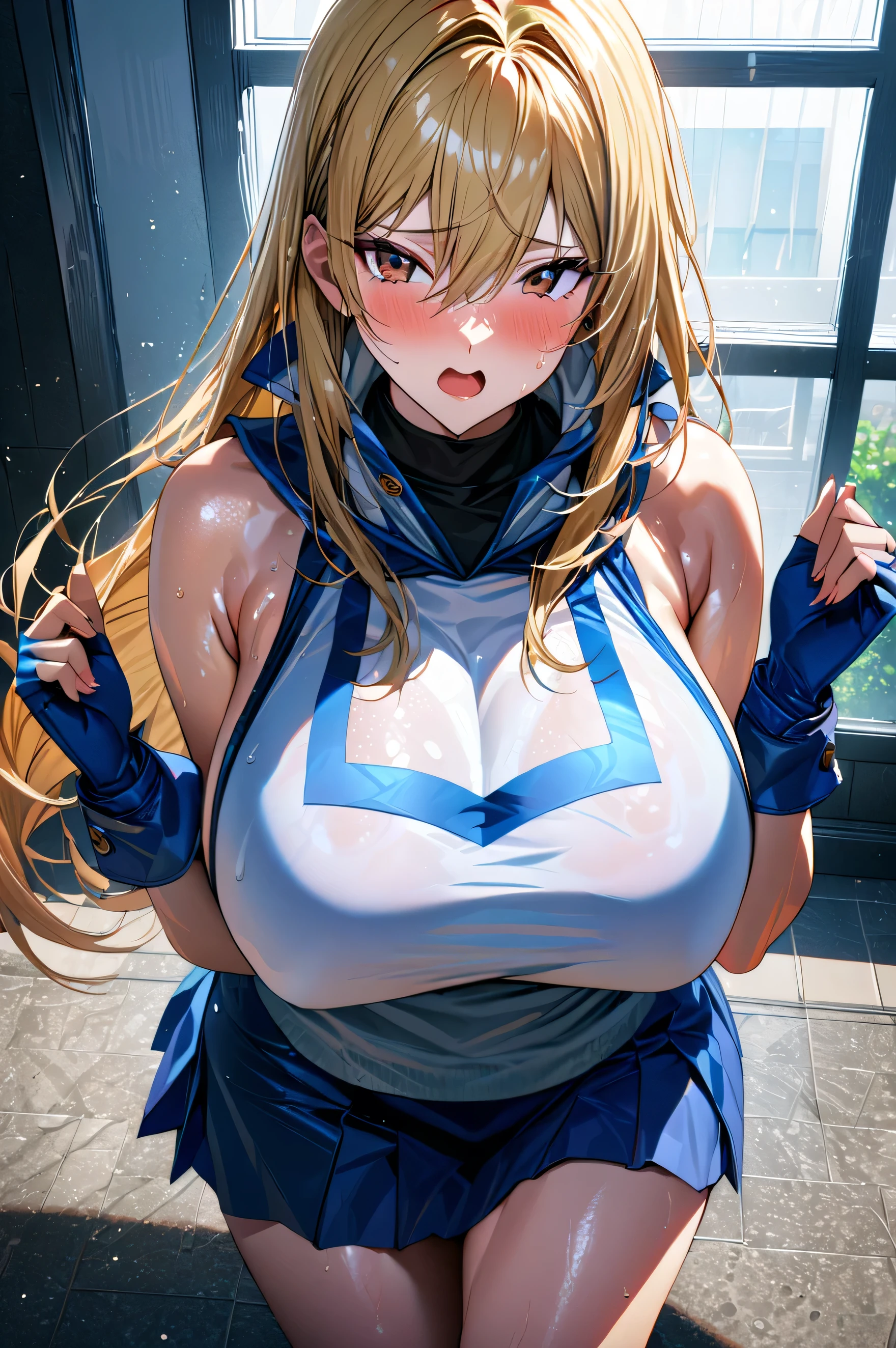 There are large patches of yellow transparent liquid on the legs,Liquid jetting,Liquid splash。is shy,Be red in the face,urine,exposing your navel,revealing breasts。torn outfit,Clothes were torn