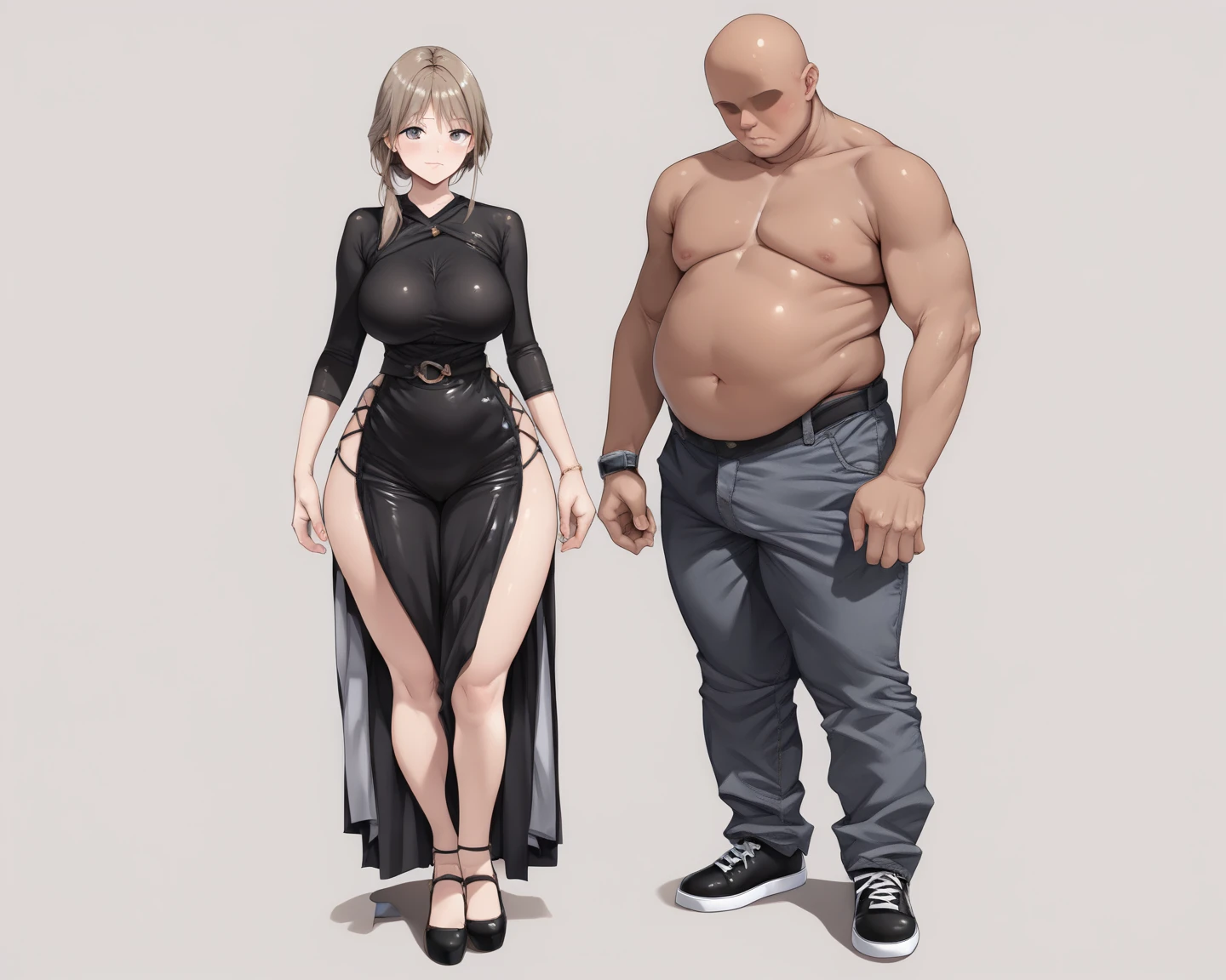 1 girl, short, pixie cut, white hair, white eyelashes, purple eyes, Japanese, white skin, large breast, full body, against, 1 boy, long black hair, tall, red eyes, muscular, naked