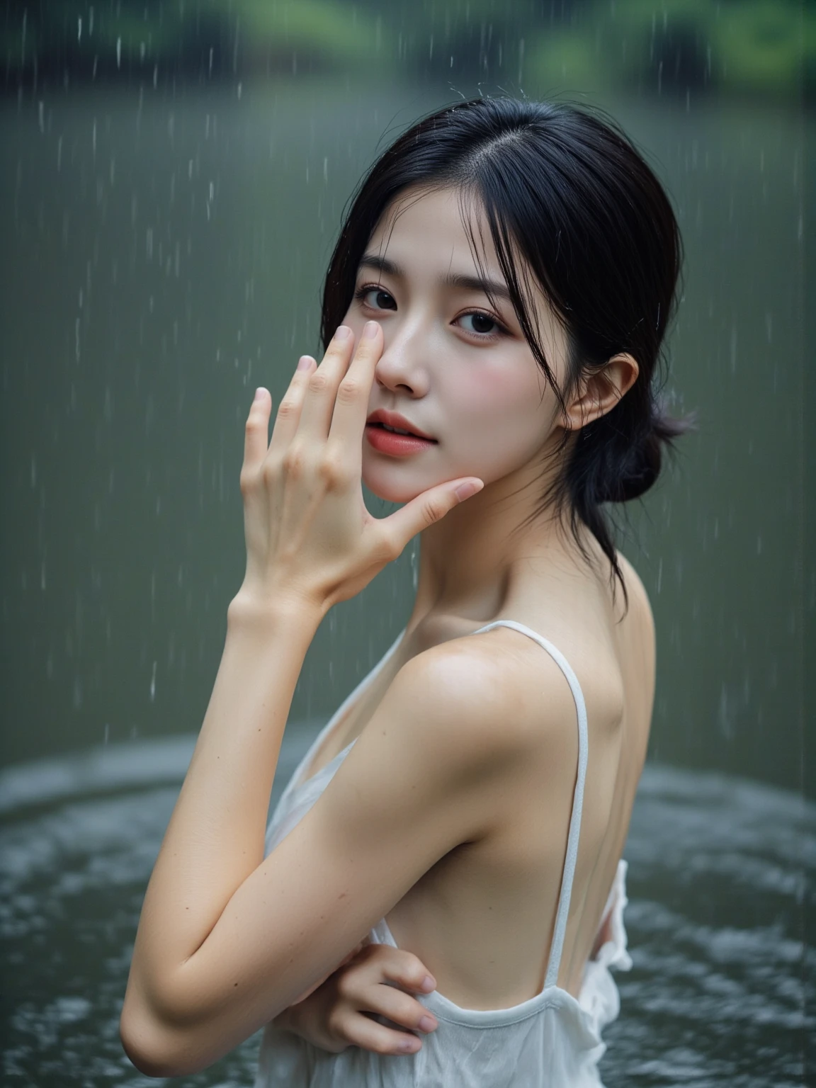 (Extremely meticulous CG),(((8k))),wallpaper,((Extremely refined and beautiful)),(((Masterpiece))),(((best qualtiy))),(((Ultra High Resolution))),beautiful light up,realistic shaded,(Smooth and flawless fair skin:1.5),(Extremely exquisite facial details:1.2),(ultra-detailed:1.5),((a beautiful girl,solo)),(White baseball cap:1.3),(short ponytail:1.2),(wet hair:1.5),(small head:1.2),(slender face:1.2),(Exquisite makeup:1.3),(happy:1.2),(laughing:1.2),(perfect body:1.1),(wet:1.5),(sweat:1.3),(shiny skin:1.5),(strapless torn white t-shirt:1.3),(bare back:1.3),(towering hips:1.3),(torn Small black and white checkered pajama pants:1.5),((slim,thin)),(from back:1.3),(standing:1.3),(butt crack:1.3),(at the schoolgate:1.5),(Distant urban landscape:1.3),(outdoor:1.3),(summer:1.3),(day scene:1.3),(rainy:1.3),(overcast:1.5),(upper body:1.3)