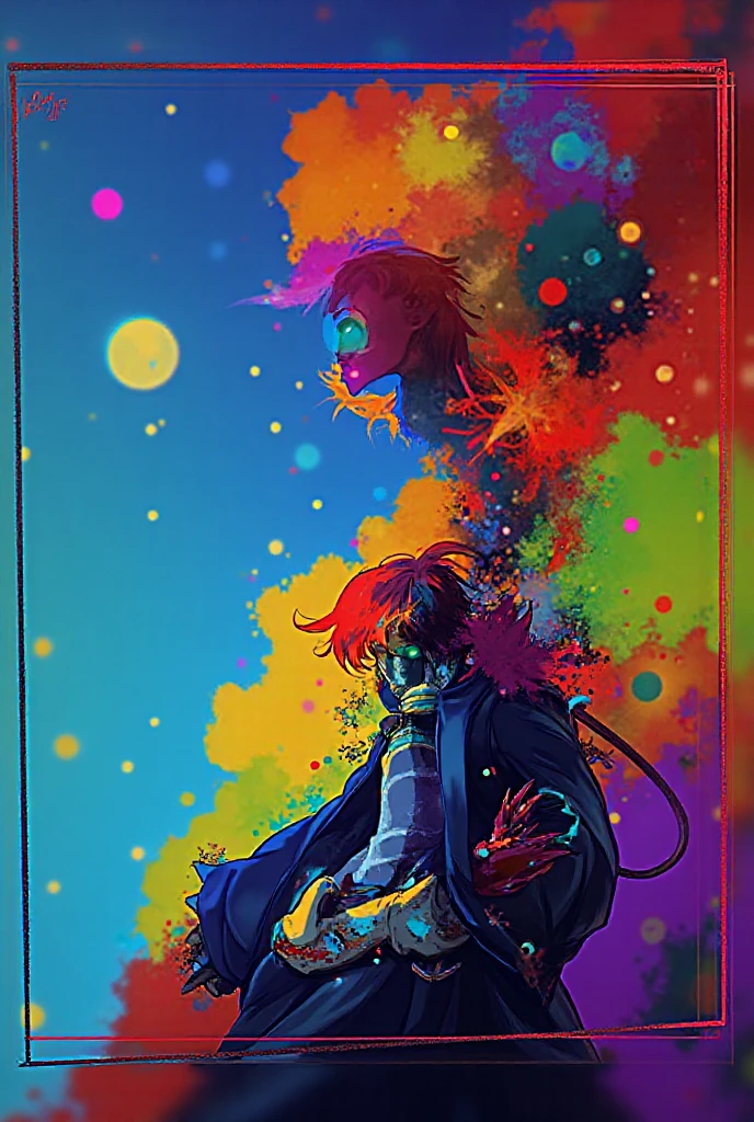 ,a poster of two demonic looking men with colorful hair and makeup, surrounded by other demonic looking men, in a psychedelic space, Dan Mumford, josan gonzales and dan mumford, poster art, psychedelic art