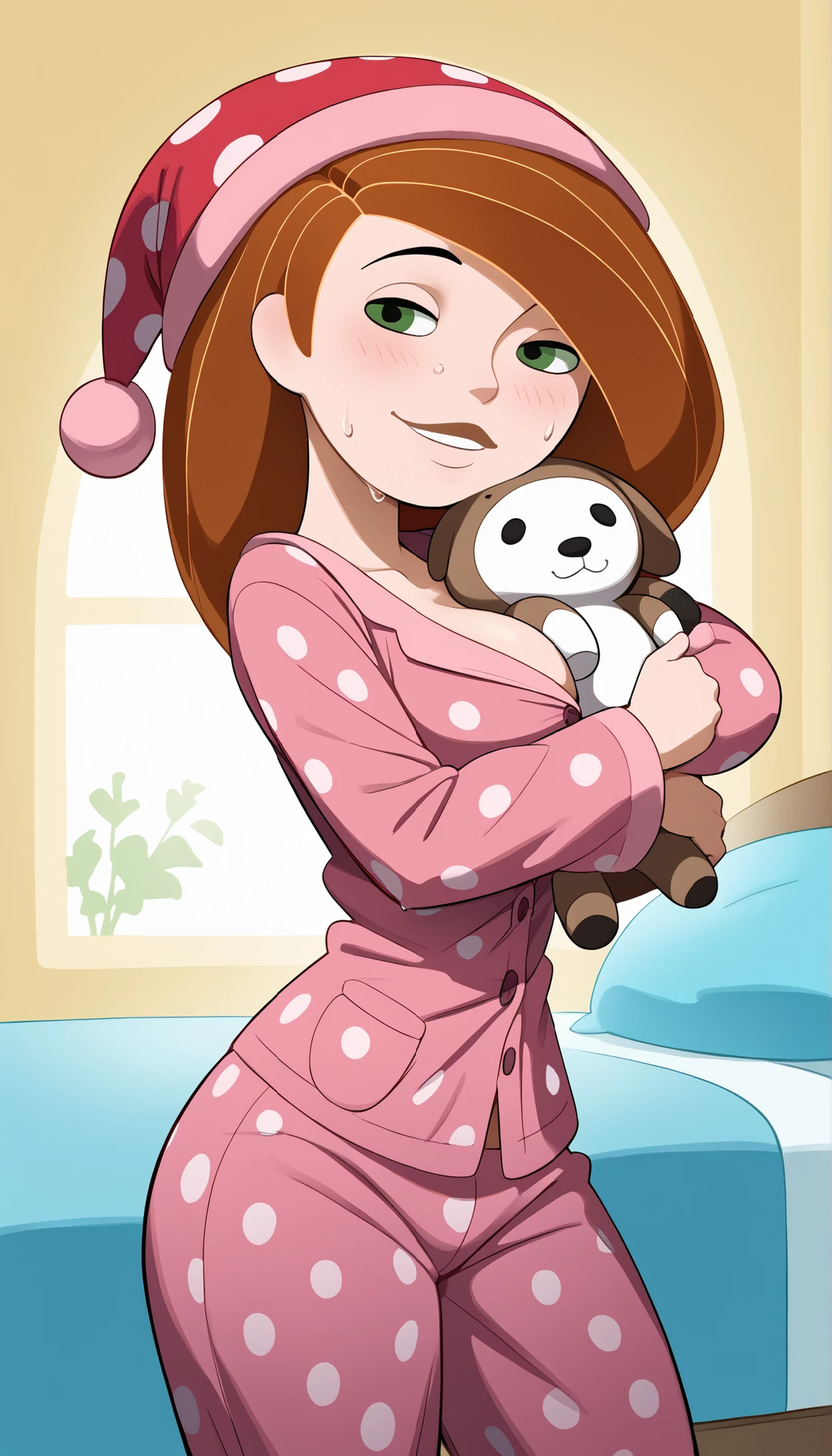 score_9,score_8_up,score_7_up,score_6_up,score_5_up,score_4_up,1girl, (kim possible), cute smile, bubble butt, black tight pants, breast focus, breasts, 1 girl, pajamas, pink pajamas only, ((focus on face)), red polka dots, pajama hat, hat, nightcap, sweat, smile, looking at viewer, stuffed animal, hugging a stuffed animal, almost sleeping, big breasts, thick thighs, cleavage, long sleeves, pants, legs crossed, long pants, hand on hip, standing, hugging, stuffed animal, thick thighs, collarbone, polka dot pajamas, blush, shirt, pillows, stuffed animals, rabbit stuffed animals, party pajamas,