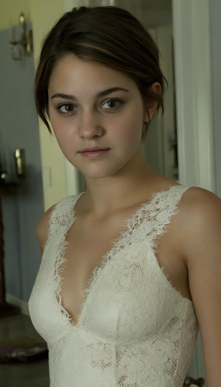 1girl, busty hermione granger, beautiful detailed eyes, beautiful detailed lips, extremely detailed face, longeyelashes, sitting on bed, wearing nightgown, aroused expression, wetting self, realistic, photorealistic, ultra-detailed, 8k, highres, masterpiece, vivid colors, studio lighting