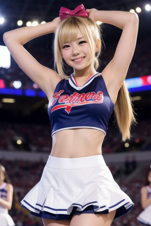 masuter piece, best qualtiy, ((realisitic)), ((1 person)), 8K picture quality, extremely delicate and beautiful, magnifica, Official art with attention to detail, Ridiculous, unbelievable Ridiculous, huge filesize, ultra-detailliert, ighly detailed, (Beautiful petite girl), (detailed girl), (Korean beauty), Blonde hair, ((Perfect female figure)), large full breasts, Slim waist, big butts, (((Pink and white cheerleading costume, Mini flared skirt))), High exposure, With bangs, Feminine look, (ssmile), (Gymnasium)