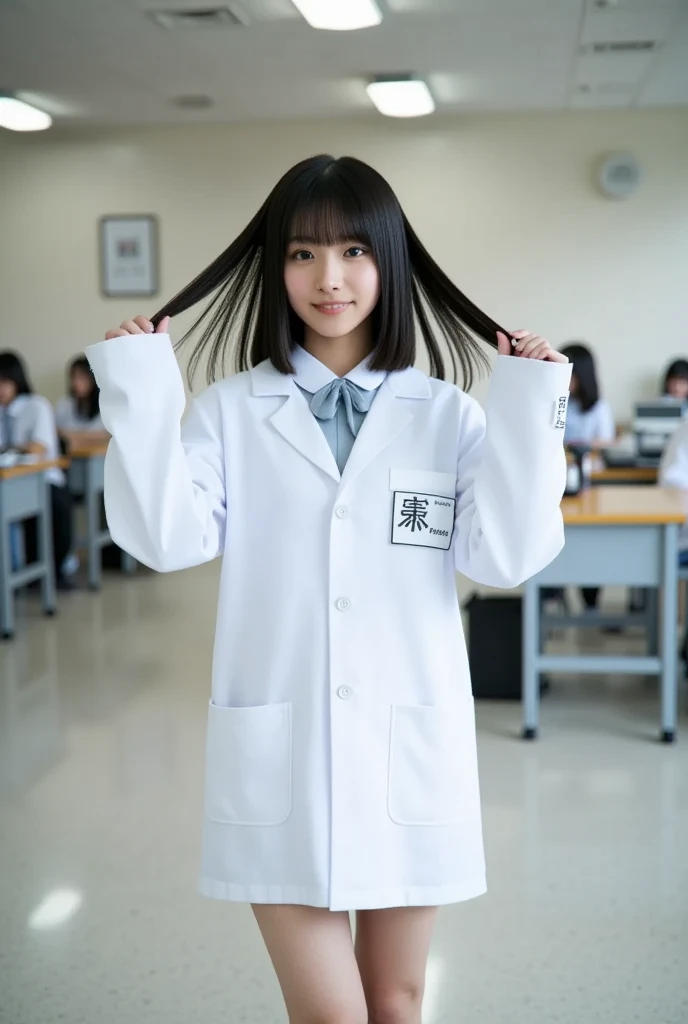 Three girls in uniform taking pictures at school, Japanese school uniform, 3beautiful girl, female student, 三个日本female student摆姿势, Qingfu, Japanese high school girl, slim legs、long legs、white socks、frilly skirt、mini skirt、double tail、smile smile、small 、Full body female love、chum