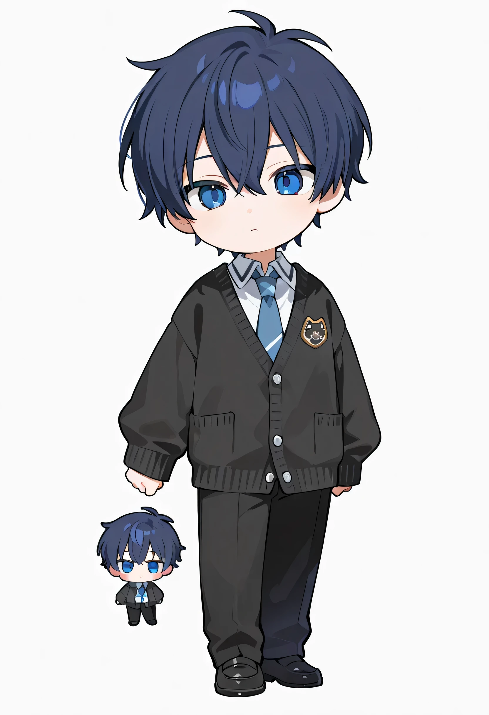 One chibi character white background male dark blue short hair blue eyes No expression bungs school's black cardigan black pants chibi character chibi character little character Full Body Pose male poce