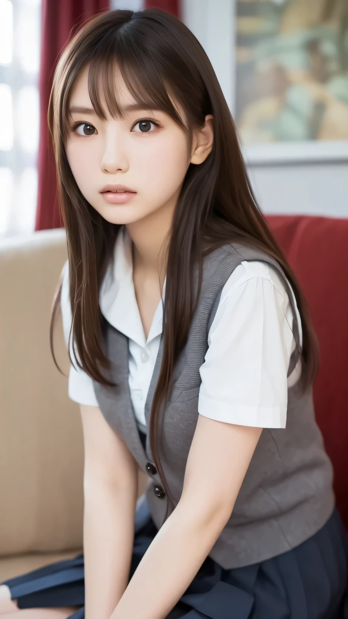 top quality, face focus, soft light in a mental hospital, super high resolution, (photorealistic:1.4), raw photo,
1 Japanese, solo, cute, (pupil, Individual Eye Light), detailed beautiful face, (Big Chest),(High-resolution details of human skin texture),
(long hair),
Sit-Couch,
school uniform, charcoal vest, Skirts,
(Upper Thigh)