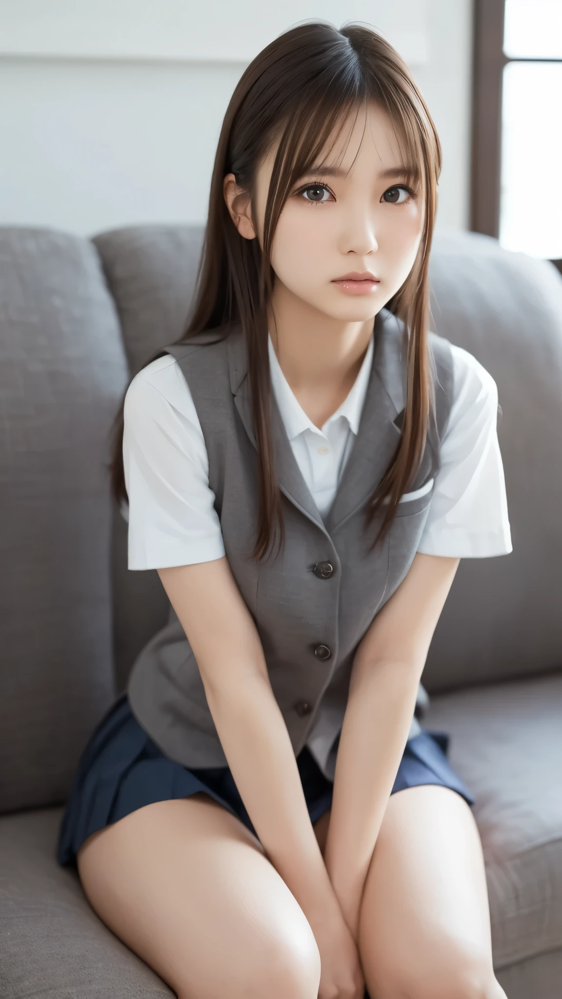 top quality, face focus, soft light in a mental hospital, super high resolution, (photorealistic:1.4), raw photo,
1 Japanese, solo, cute, (pupil, Individual Eye Light), detailed beautiful face, (Big Chest),(High-resolution details of human skin texture),
(long hair),
Sit-Couch,
school uniform, charcoal vest, Skirts,
(Upper Thigh)