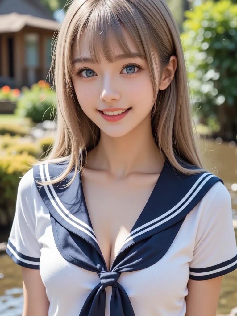 ((Sailor wear、Sailor Costume、Sailor Uniform、high school girl、Sailor suit、Red ribbon、Short sleeve、Navy pleated mini skirt with slit))、1 girl、Bob Hair、Brown Hair、Medium breast、smile、masterpiece:1.3、Raw photo、Highest quality、Outdoor、On the beach、Detailed Background、Anatomically correct arms and legs、Anatomically correct fingers、
