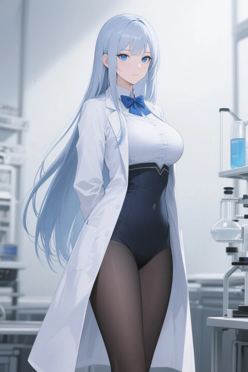 masterpiece, highest quality, highest resolution, clear_image, detailed details, White hair, long hair, cat ears, 1 girl, red eyes, white lab coat (with a black short skirt), white pantyhose, white scarf (around the neck), cute, full body, no water marks, laboratory, no extra limps, no extra body, NSFW, small breast