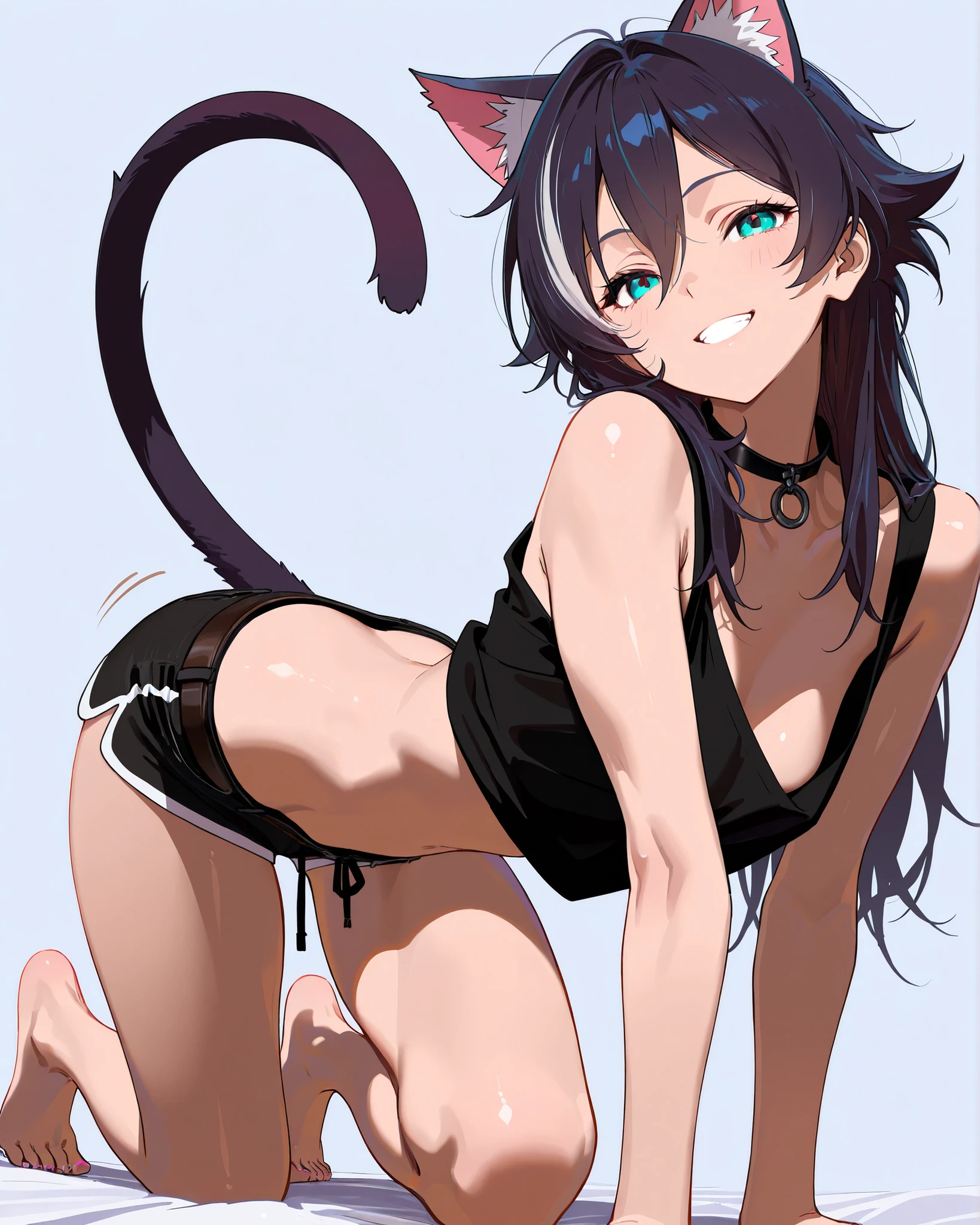 masterpiece,top quality,Super Detailed、high definition、8K Quality、Simple Background、Adult, toned body、Fantasy world clothes,、short pants、Fight motion、shirt、Animal ears、Black line、Combat style、Dynamic、confront the enemy、Barefoot、nail、 kimono、Smiling、on all fours、cat pose