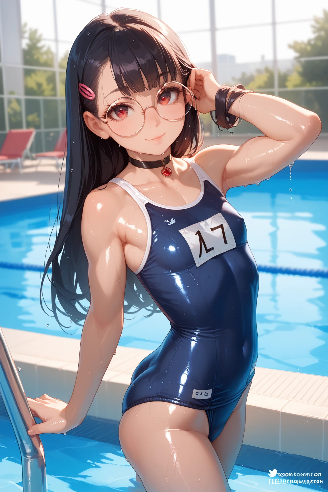 (1 16-year-old girl、A dark-haired、short-hair、straight haired、bow ribbon、Light brown eyes、Black glasses、small tits、cute face)、swim wears、masterpiece、top-quality、swimming pools