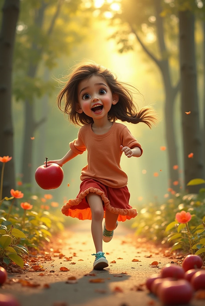 A happy one running and eating an apple, other children running after her, next to a picnic with lots of fruits