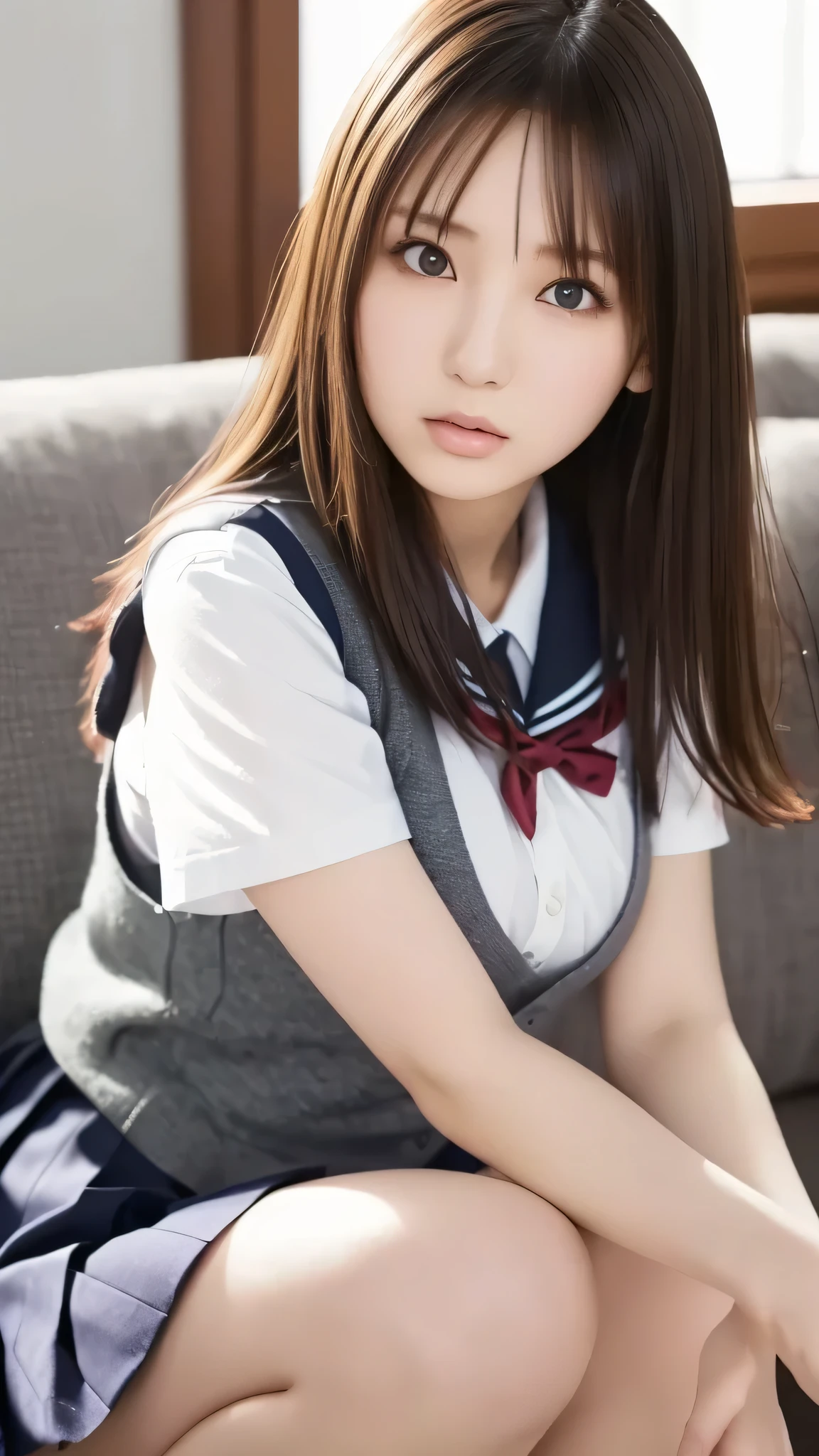 top quality, face focus, soft light in a mental hospital, super high resolution, (photorealistic:1.4), raw photo,
1 Japanese, solo, cute, (pupil, Individual Eye Light), detailed beautiful face, (Big breasts),(High-resolution details of human skin texture),
(long hair),
Sit-Couch,
school uniform, charcoal vest, Skirts,
(Upper Thigh)