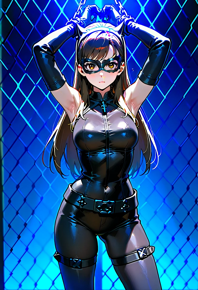 pantyhose, bondage, leotard, latex, heels, harness, blue eyes, brown hair, intake, long hair, masterpiece, best quality, ultra detailed, beautiful, masterwork, ultra high res,  super fine illustration, cg unity 8k wallpaper, cleavage, large breasts, cowboy shot, 