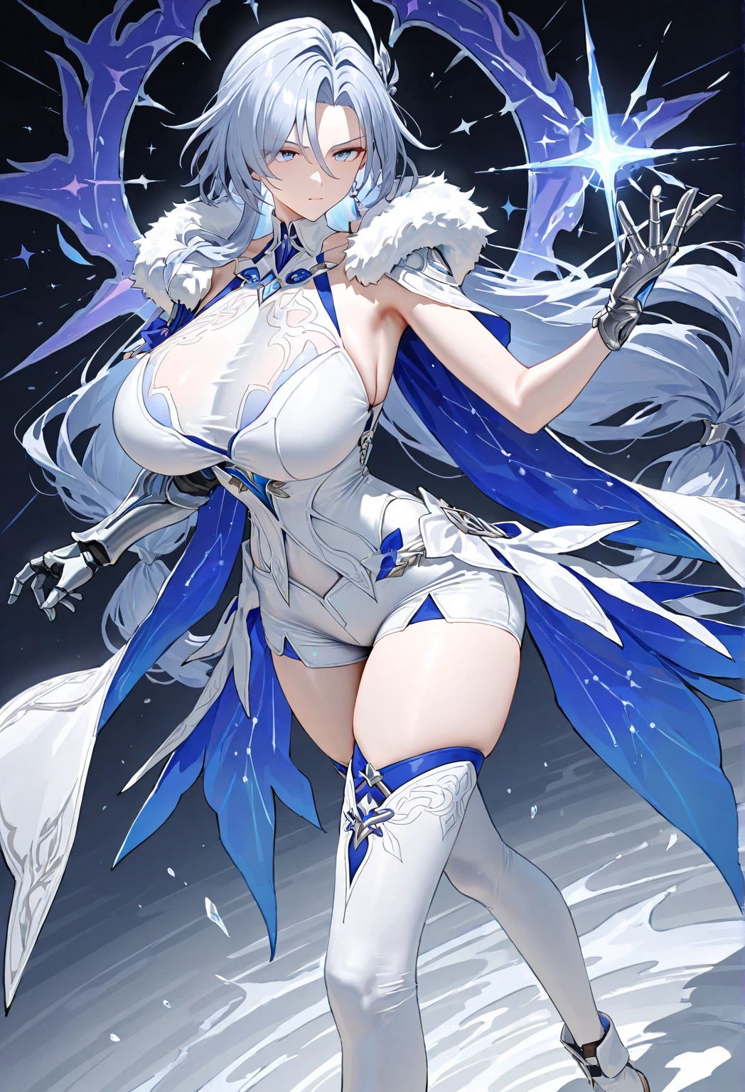 A black bikini under white sorceress dress, white haired girl wearing armor shoes and silver accessories, (((big breasts))), elegant, pale skin,Waist-length hair,Smile,Star decoration,White lace socks,azure Rose,Vest line,Mesh Clothing, ( ( anime character sheet ) ), full body pose, character from wutherin waves