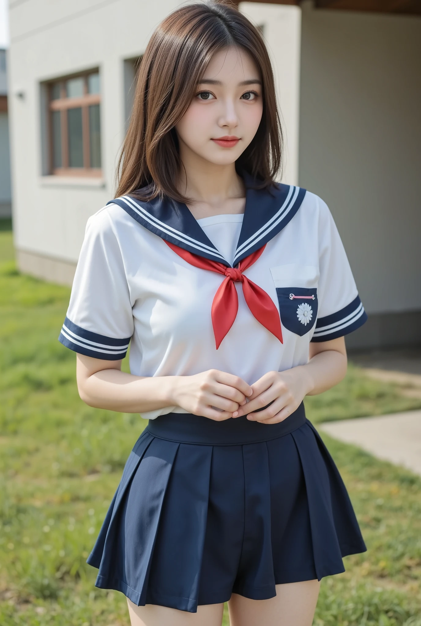 ultra-realistic capture, very detailed, High resolution 16K close-up of human skin,Skin texture must be natural, So much detail that you can see even your pores. skin needs to look healthy, with an even tone. Use natural light and color,Schoolgirl sailor suit,18 year old high school girl,fine white skin,sharp focus,,Uniform navy blue mini pleated skirt,navy high socks,loafers,lazy smile,I can see your belly button