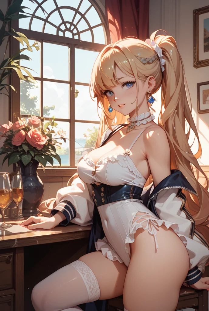 ((masterpiece, best quality)), High resolution, distinct image, (1girl), (solo), (female Focus), light smile, (black bunny girl), (blonde side braid hair 1.2), (blue eyes), (eyelashes), (large breasts 1.3), Arms behind back, sitting on table, bar, pub