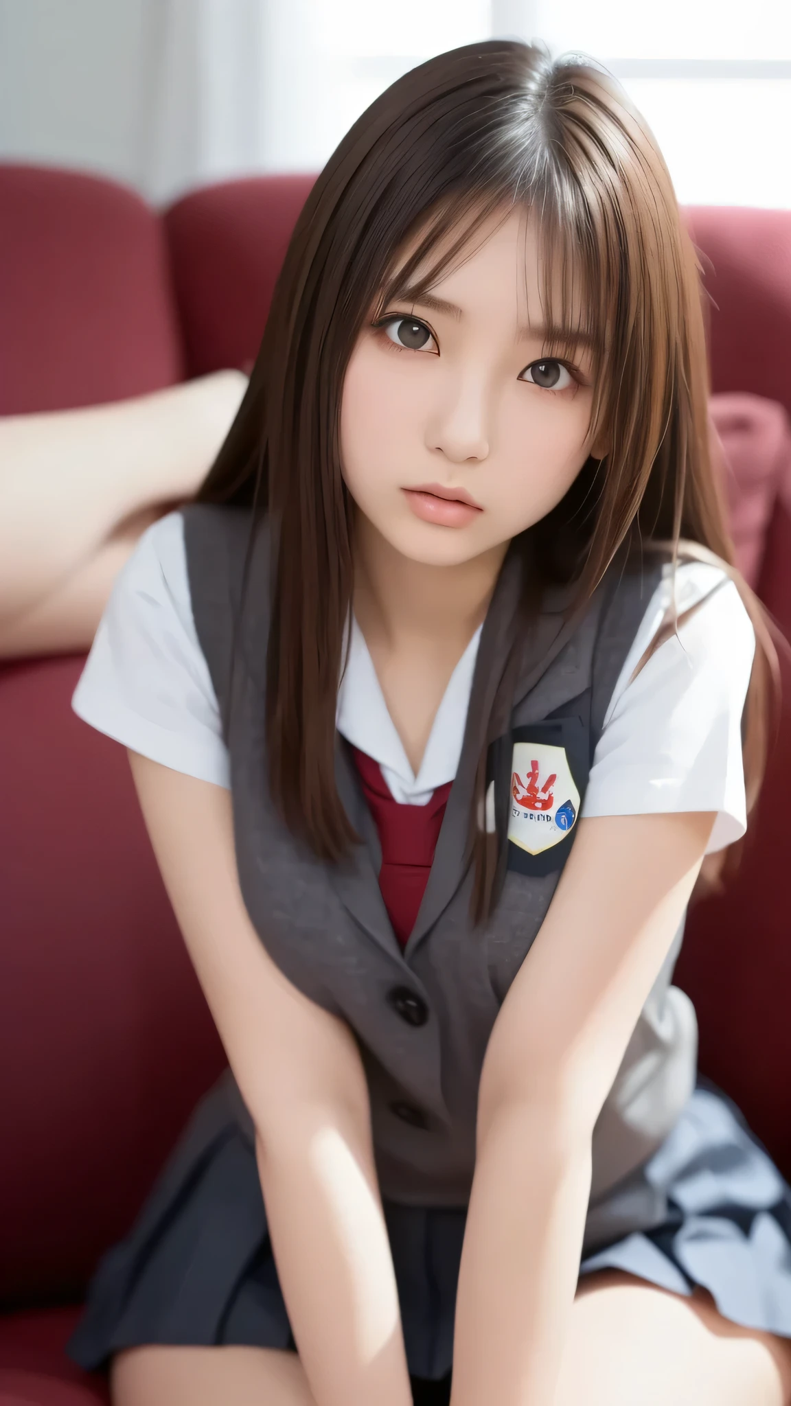 top quality, face focus, soft light in a mental hospital, super high resolution, (photorealistic:1.4), raw photo,
1 Japanese, solo, cute, (pupil, Individual Eye Light), detailed beautiful face, ((Big breasts),(High-resolution details of human skin texture)),
(long hair),
Sit-Couch,
school uniform, charcoal vest, Skirts,
(Upper Thigh)