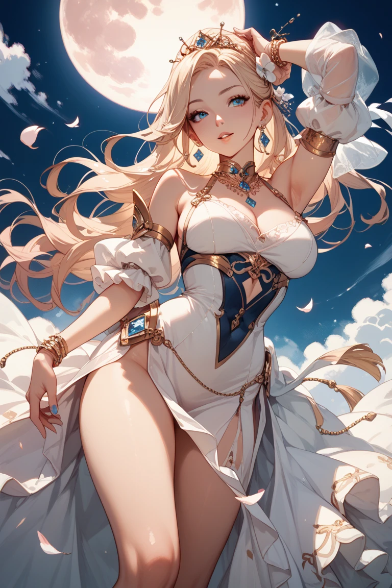 (masterpiece, fine beautiful eyes: 1.2), super detail, illustration, 1girl, huge breasts, goddess of water, thighs, navel, white dress, laced choker, bare shoulders, wide waist, thick thighs, lips, covered, laced robes, pelvic curtains, laced pelvic curtains, toned pelvis, toned hips, milky hips, navel piercing, body piercing, Huge chest, muscles, big biceps, thigh muscles, bruised knees, shorts that went down to the knees, garter belt, white heels, white sandals, body piercings, chun-li thighs, neck chains, chains wrapped around the body, castle, detailed background of rocky areas in the Aegean SeaDetailed background,