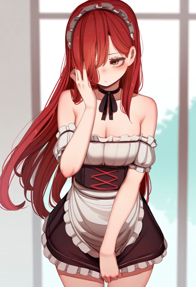 (isabe),(1girl),(pretty:1.5),(super hot:1.5),(white skin),(red eyes and long red hair),(height 1.76),(pretty young woman),(super pretty 16 year old teenager),(Wearing),+,(\dressed as a maid, and maid's clothes and super revealing on the back, I lowered the short skirt a lot, showing the legs, and a little of the panties, and the part of the apron at the back of the skirt is very low, showing the delicious buttocks, and on the top of the maid uniform it looks like a very short and sexual bra, and she has a big ass and super big breasts, she is super busty and has really big buttocks)/