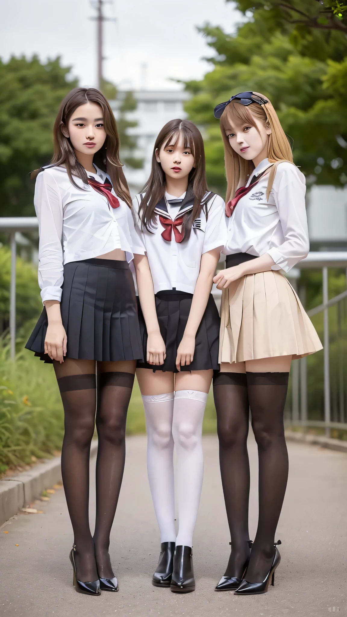 ((((There are 4 people :1.8))))、((isters))、Gal、(Neon Streets)、(((4 tall high school students so、Model-like figure:1.8)))、(standing facing this direction), full body photography、(((Gal達の修学旅行の集合写真:1.7)))、(Wide thigh, とてもlong leg), high heels on the ground, classroom, (masterpiece:1.3), (8k, realistic, raw photo, top quality: 1.4), Beautiful Face, (realistic face), (Blonde short hairstyle:1.3), realistic目, has very pretty eyes, realistic skin, Beautiful skin, super high resolution, Super realistic, very detailed, The golden ratio, cute, cute female teacher, High School Girl Wearing Summer Clothes, 超realistic高校生の, pleated micro mini skirt, Milk in uniform、濡れたpantyhose、pantyhose, (black stockings)、high heel loafers, full body image, Thin Arms, (Big breasts)、black leather designer bag、 High school student in JK uniform, 超realistic高校生の, pleated micro mini skirt, Milk in uniform、ミルクがぶっかかったpantyhose、pantyhose, black stockings、high heel loafers, full body image, Thin Arms, Big breasts、 Wide thigh、long leg,