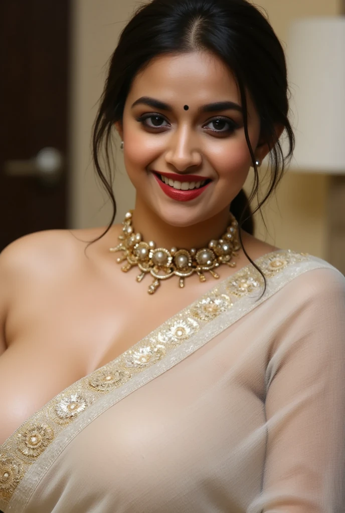 night scene from side view, extreme close up photo of young muscular man grabbing vedhika from behind, she wearing weaing a wet saree and the man is shirtless, big cheeks, hourglass figure, swooping breasts, deep cleavage, romancing each other in a ship deck in sea, showing armpits, red lips, necklace, sultry, look at viewer and smile, (cinematic:1.3), intricate details, (ArtStation:1.2)