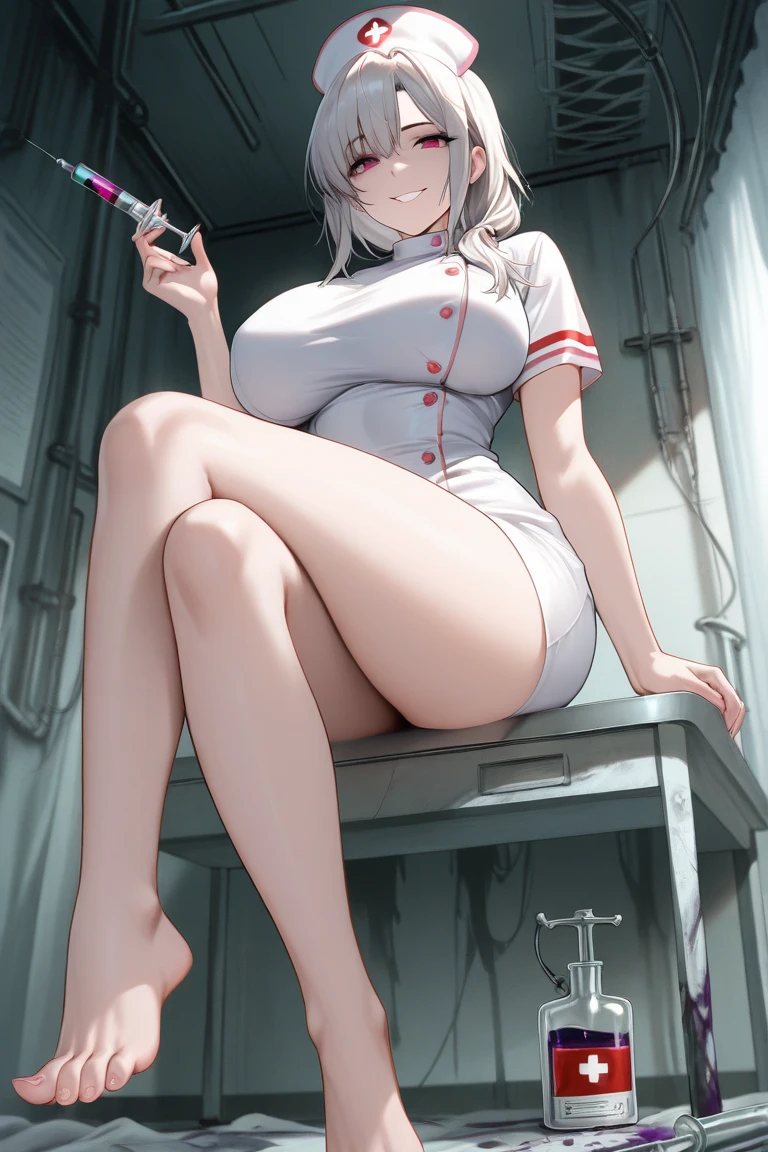 anime nurse sitting on a desk with her legs crossed, (sfw) safe for work, anime barbie in white stockings, nurse girl, commission for high res, seductive anime girl, , at pixiv, thicc, white stockings, oc commission, thighs!!!, high quality fanart, on a desk, top rated on pixiv, 2b
