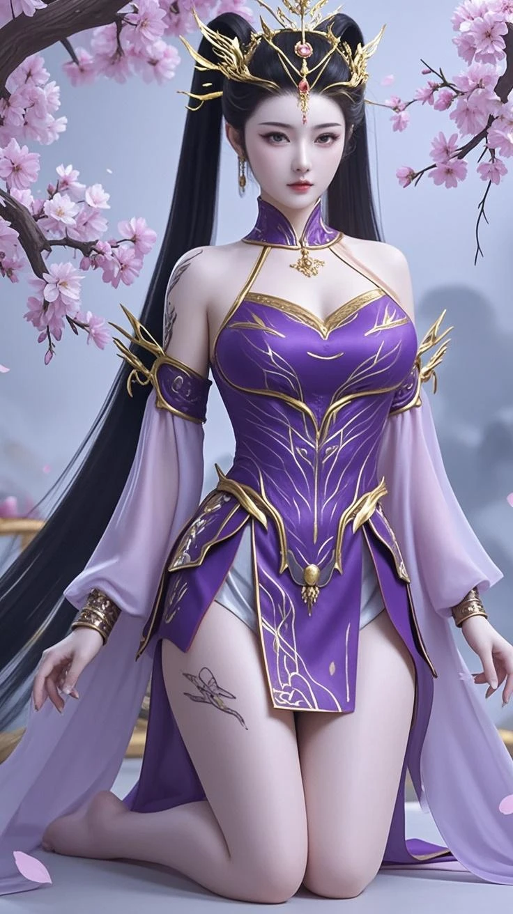 1 very beautiful girl in Hanfu dress, Thin purple silk shirt,There are many white patterns, white lace top, Purple platinum,with long bangs,Long ponytail, gorgeous hair accessory, Nice face and cute, Flawless face, Earring jewelry, light purple rabbit ears, Neck accessories, meticulously drawn large purple eyes, meticulous makeup, Thin eyebrows, High nose, Red lips are beautiful, no smile, pursed lips, rosycheeks, Wide breasts, Big breasts, well-proportioned bust, Slim waist, purple mesh socks, chinese hanfu style, Fictional art patterns, The bright colors and legs are real , RAW photo, Realistic photo, ultra high quality 8k surreal photos, (Fantastic lighting effects: 1.8), 10x pixel, Magic effects (Background): 1.8), Super detailed eyes , Portrait of the upper body of a beautiful girl, Girl Alone, ancient hanfu background, head straight-looking at viewer, Wide original photo, 8K quality, Super sharp, Most detailed、The clearest picture, Detailed light background,