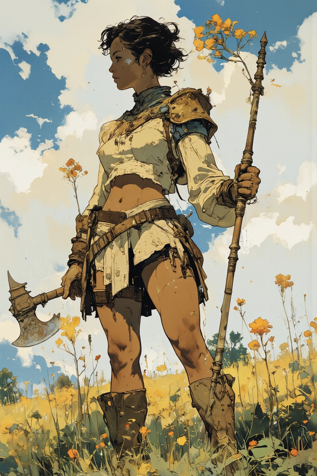 best quality,masterpiece,vagrantstory,1girl,solo,plate armor,shoulder armor,grassfield,hair flowing over,wind,long hair,<lora:Riot_VagrantStoryV1:0.7>,