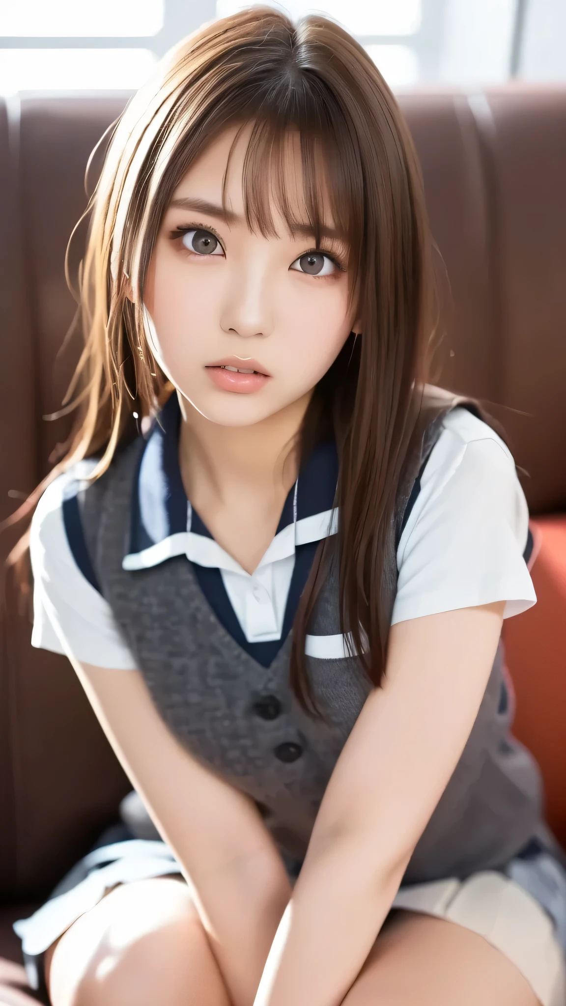 top quality, face focus, soft light in a mental hospital, super high resolution, (photorealistic:1.4), raw photo,
1 Japanese, solo, cute, (pupil, Individual Eye Light), detailed beautiful face, ((Big breasts),(High-resolution details of human skin texture)),
(long hair),
Sit-Couch,
school uniform, charcoal vest, Skirts,
(Upper Thigh)