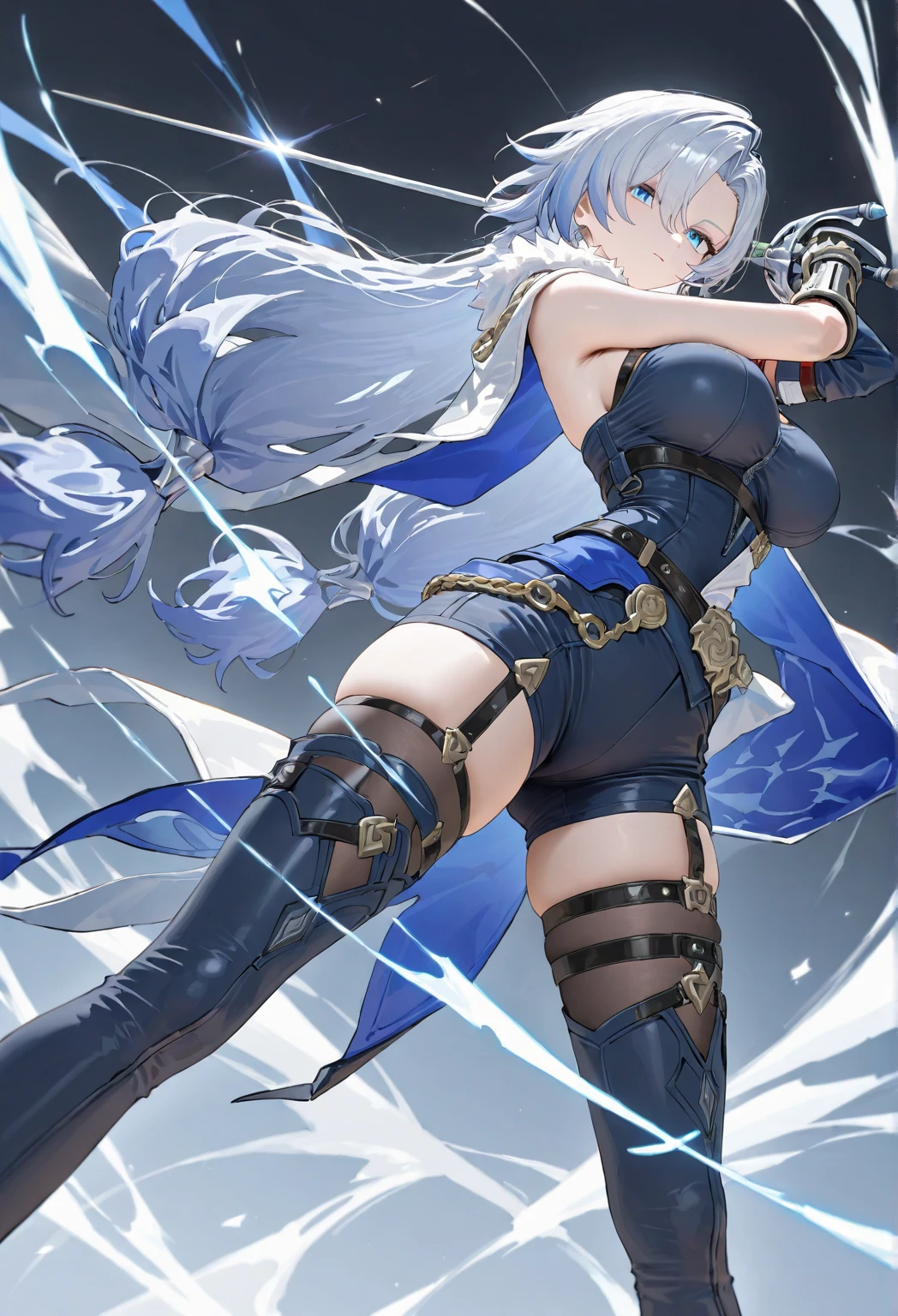 White hair,Blue streaked hair、navel、Combat Uniform、Sci-fi straight sword、Sci-fi hair accessories、
