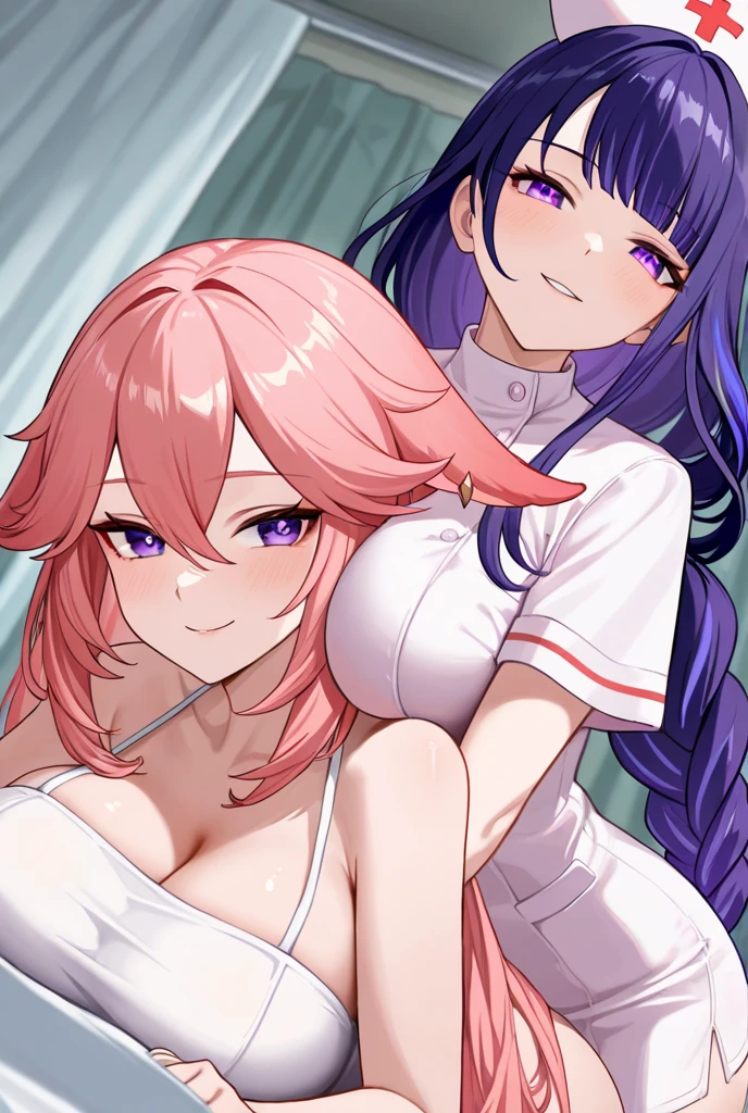 A beautiful young girl from the anime Oshi no Ko universe, 14 years old, she have long wavy pink hair with purple eyes with star in her pupils she wear casual clothes like a sweater too long for her, a skirt and stocking, she is in her bed room sitting on her bed in front of us, she have a enormous chest