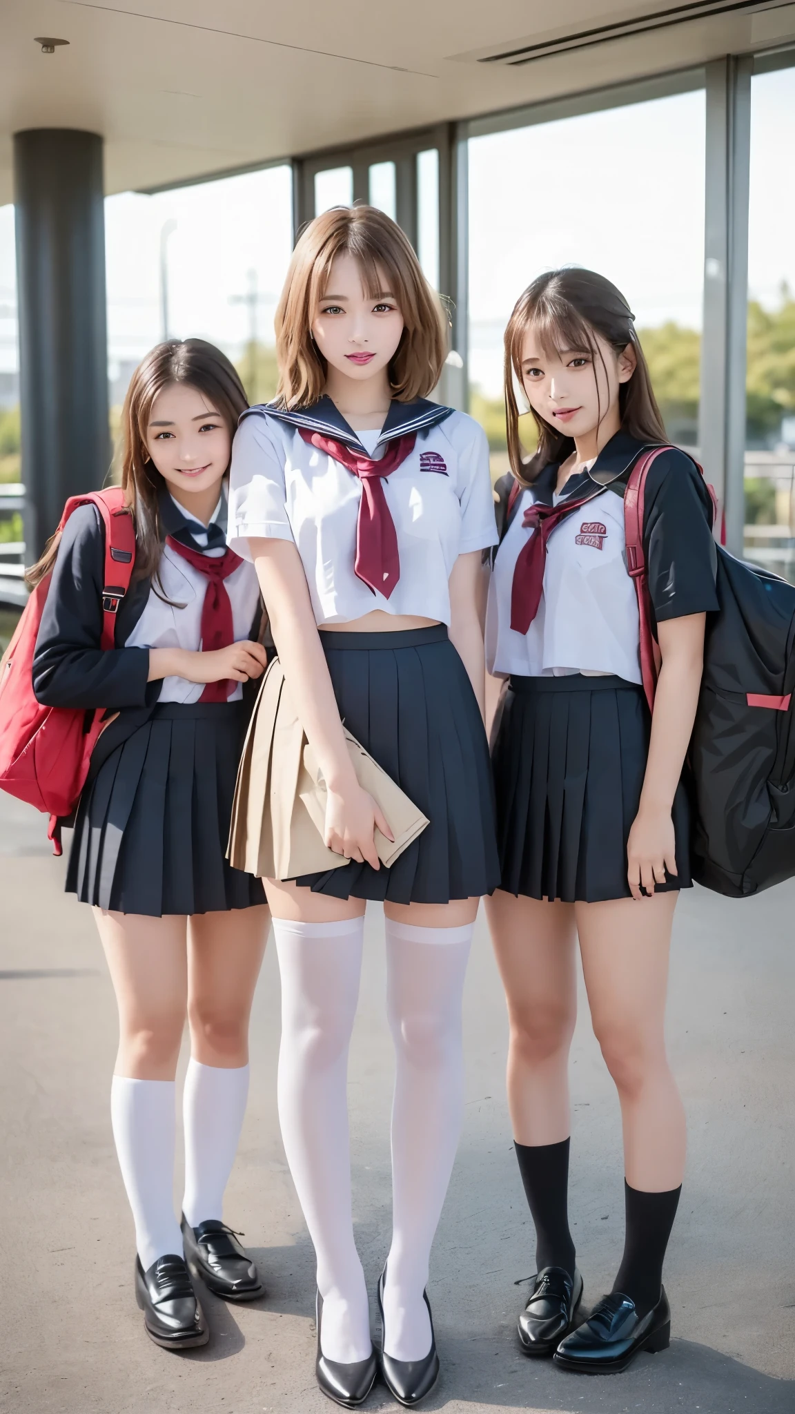 ((((There are 4 people :1.8))))、((isters))、Gal、(Neon Streets)、(((4 tall high school students so、Model-like figure:1.8)))、(standing facing this direction), full body photography、(((Gal達の修学旅行の集合写真:1.7)))、(Wide thigh, とてもlong leg), high heels on the ground, classroom, (masterpiece:1.3), (8k, realistic, raw photo, top quality: 1.4), Beautiful Face, (realistic face), (Blonde short hairstyle:1.3), realistic目, has very pretty eyes, realistic skin, Beautiful skin, super high resolution, Super realistic, very detailed, The golden ratio, cute, cute female teacher, High School Girl Wearing Summer Clothes, 超realistic高校生の, pleated micro mini skirt, Milk in uniform、濡れたpantyhose、pantyhose, (black stockings)、high heel loafers, full body image, Thin Arms, (Big breasts)、black leather designer bag、 High school student in JK uniform, 超realistic高校生の, pleated micro mini skirt, Milk in uniform、ミルクがぶっかかったpantyhose、pantyhose, black stockings、high heel loafers, full body image, Thin Arms, Big breasts、 Wide thigh、long leg,