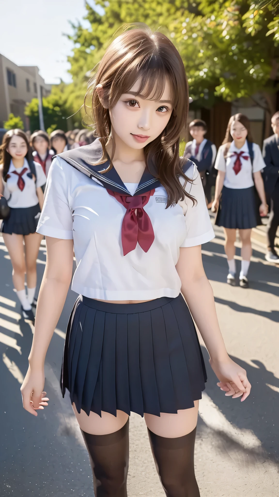 ((((There are 4 people :1.8))))、((isters))、Gal、(Neon Streets)、(((4 tall high school students so、Model-like figure:1.8)))、(standing facing this direction), full body photography、(((Gal達の修学旅行の集合写真:1.7)))、(Wide thigh, とてもlong leg), high heels on the ground, classroom, (masterpiece:1.3), (8k, realistic, raw photo, top quality: 1.4), Beautiful Face, (realistic face), (Blonde short hairstyle:1.3), realistic目, has very pretty eyes, realistic skin, Beautiful skin, super high resolution, Super realistic, very detailed, The golden ratio, cute, cute female teacher, High School Girl Wearing Summer Clothes, 超realistic高校生の, pleated micro mini skirt, Milk in uniform、濡れたpantyhose、pantyhose, (black stockings)、high heel loafers, full body image, Thin Arms, (Big breasts)、black leather designer bag、 High school student in JK uniform, 超realistic高校生の, pleated micro mini skirt, Milk in uniform、ミルクがぶっかかったpantyhose、pantyhose, black stockings、high heel loafers, full body image, Thin Arms, Big breasts、 Wide thigh、long leg,