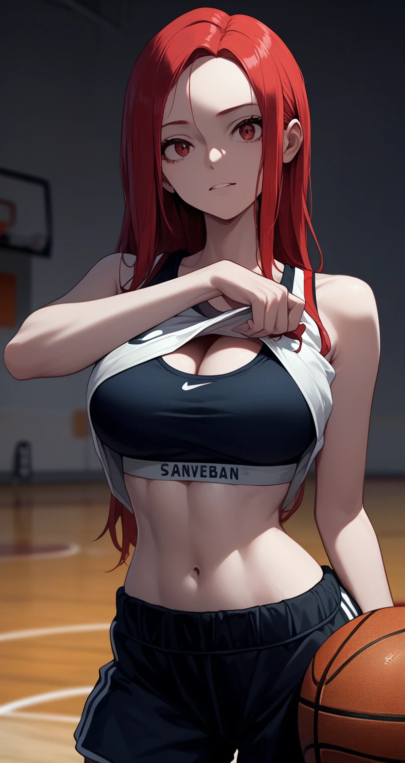 (Original Character、Unity 16K Wallpaper, Masterpiece, Best Quality, Ultra-Detailed, Extremely Detailed CG, Caustics, Cinematic Lighting, Detailed, Beautiful Detailed Eyes, solo), Ultra High Resolution, fine skin, (track and field:1.2) 、(strong light)、oily skin,smile , from front:1.2、(sexy women)、Arena、separate、racing bloomers、show off belly,show off neck,sunny day、cowboy shot,layered hair,blush、vivid orange hair,bent over,blunt bangs, red eyes,crossed arms,abs,kawaii,perspired,cleavage、running shirt