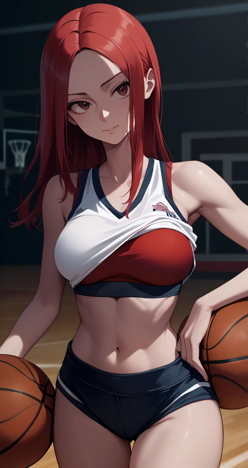 ((masterpiece, Best Quality, high resolution, Perfect Pixel, 8K))), 1 girl、slim thighs、full body seen、 ((Bangs、Red gorgeous hairs))、(( Beautiful eyelashes、Realistic eyes))、 ((Detailed face, Blushing:1.2))、((Smooth texture:0.75, Realistic texture:0.65, Photorealistic:1.1, Anime CG style))、Dynamic Angle、Perfect body、(Women Sports shorts、Background Basketball court、Playing basketball、Basketball uniform)、Perfect realistic representation of face、(no-bra)、seducing face at viewer、beautiful portrait、very High quality、slim figure、ultra high definition、 insanely detailed face、ultra high quality、ultra high clarity、best quality)、insanely detailed dress、realistic representation of a face、curvy body、white shoes、white skin、posing for a hot pic、best image quality、best clarity、 highest resolution、8k resolution、ultra high resolution、beautiful smile、beautiful eyelashes、beautiful face、gorgeous representation of a face、curvy body、perfect body、full body posture、erect through、erotic face、glistening sweat、dynamic lightning、perfect body、dynamic lightning、 (innocent_big_eyes:1.0)、Bright_Front_face_Lighting、shiny skin、bokeh:1.2、Full body shot、professional photograph、(Beautiful,large_Breasts:1.4)
