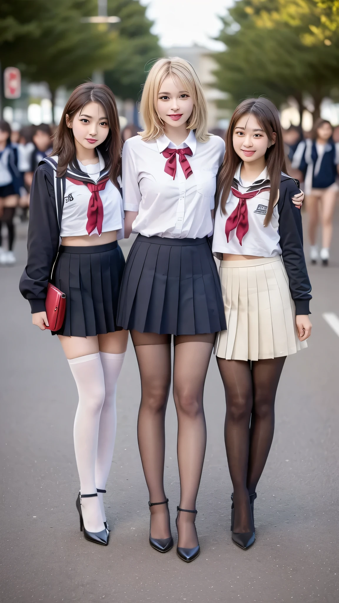 ((((There are 4 people :1.8))))、((isters))、Gal、(Neon Streets)、(((4 tall high school students so、Model-like figure:1.8)))、(standing facing this direction), full body photography、(((Gal達の修学旅行の集合写真:1.7)))、(Wide thigh, とてもlong leg), high heels on the ground, classroom, (masterpiece:1.3), (8k, realistic, raw photo, top quality: 1.4), Beautiful Face, (realistic face), (Blonde short hairstyle:1.3), realistic目, has very pretty eyes, realistic skin, Beautiful skin, super high resolution, Super realistic, very detailed, The golden ratio, cute, cute female teacher, High School Girl Wearing Summer Clothes, 超realistic高校生の, pleated micro mini skirt, Milk in uniform、濡れたpantyhose、pantyhose, (black stockings)、high heel loafers, full body image, Thin Arms, (Big breasts)、black leather designer bag、 High school student in JK uniform, 超realistic高校生の, pleated micro mini skirt, Milk in uniform、ミルクがぶっかかったpantyhose、pantyhose, black stockings、high heel loafers, full body image, Thin Arms, Big breasts、 Wide thigh、long leg,
