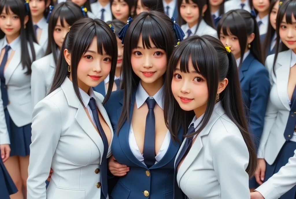 (((clone girls Real art, Highest quality, Ultra-high resolution, Realistic, RAW Photos, 8k, Real photograph: 1.6))), (((日本人high school girl, 16yo))) , Beautiful detailed, Beautiful Face, cute, (((smile: 1.85))), Japanese beautiful skin, (((Black Hair, Semi-long hair))), (((Summer Girls' School Uniform))), (((White shirt, Blue check mini skirt))), (((Big Breasts: 1.6))), Super Real, Soft Light, ((((((((Extremely detailed depiction, 一人のhigh school girl, clone girls)))))))), (((((6+girls: 1.99))))), (((((high school girl, Very detailed, perfect identical faces, Perfect identical height, Perfect matching outfit, Perfect matching hairstyle, 完璧な同じBig Breasts: 1.99))))), (((100人のhigh school girl: 1.8))), (((high school girlのみ))), ((((100人high school girlに囲まれる)))), ((10,000 people, 数百万人のhigh school girlが集まる)), ((extensiive, congestion, Intensive)), (((((wide and top view)))))