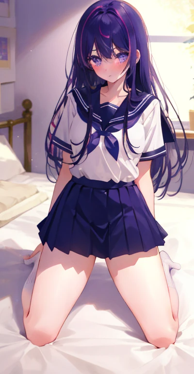 Beautiful illustration、top-quality、Cute little girl、Bedroom、A sexy、gravure、Blue hair、length hair、(((Pink pleated skirt)))、(((pink sailor suit)))、shortsleeves、Small、a navel、Flipping up the skirt with your hands、Show white panties、Pull up your skirt and show your panties、bare-legged、blue eyess、on the beds、lovely thighs、glowing thigh