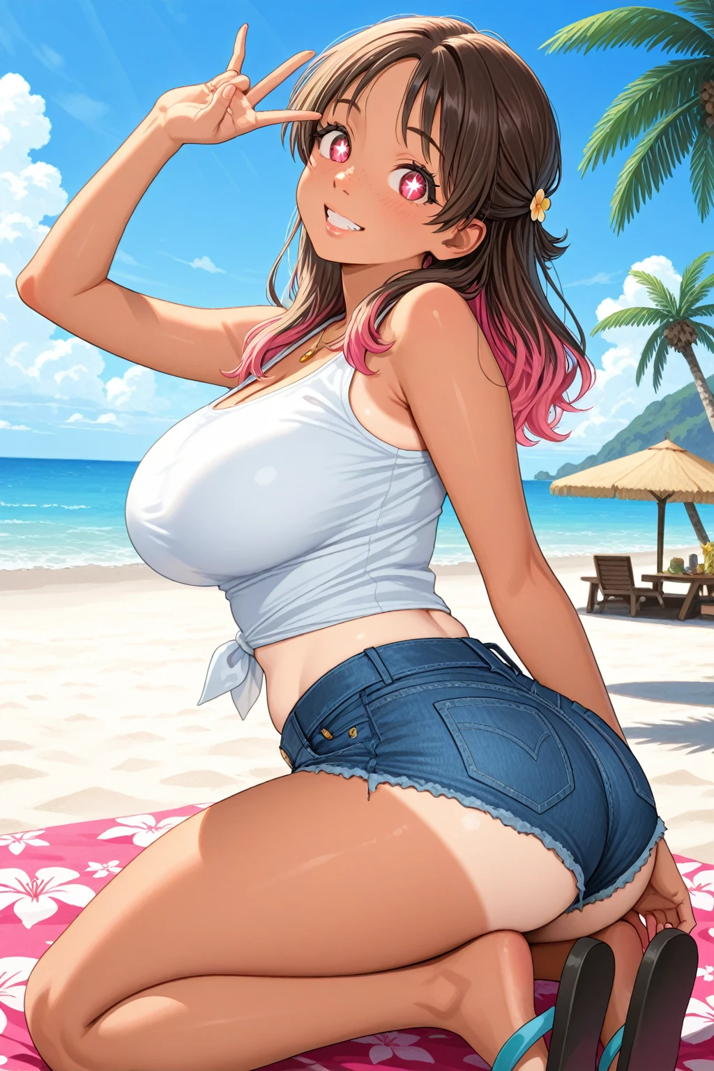 Best quality, solo mature woman, giant breasts, giant ass, very curvy, long ponytail curled at the ends, aqua green eyes, full lips, seductive, smiling, pink tank top, tight blue jeans, sun necklace, sun earring, thick thighs, curvy physique