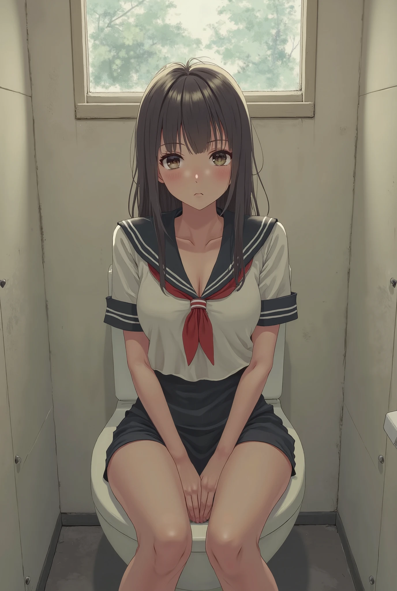high school girl、sailor suit、pleated skirt、black hair、short hair、Are crying、ecstasy face、mouth open、Water is flowing from the mouth、sweating all over、lots of sweat、Stay in the bathroom、sitting on the toilet、Body is restrained、wrists tied