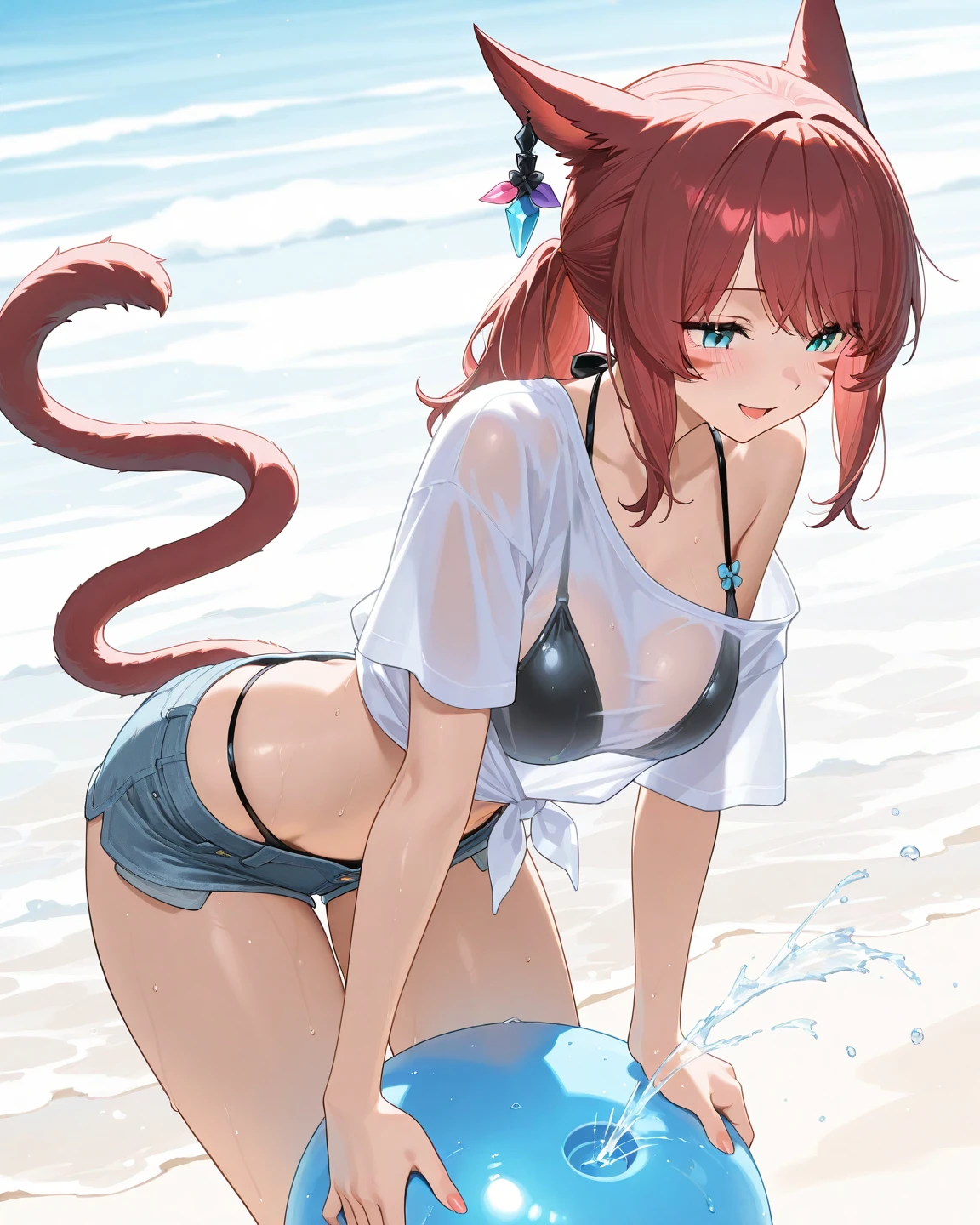 <lora:i-19_v1.0:1>,i-19\(azur lane\),school_swimsuit,white_legwear,jacket,cat tail,twintails, poolside,:d, looking at viewer, smile,from behind,, masterpiece, best quality, extremely detailed face, sharp details, high contrast,