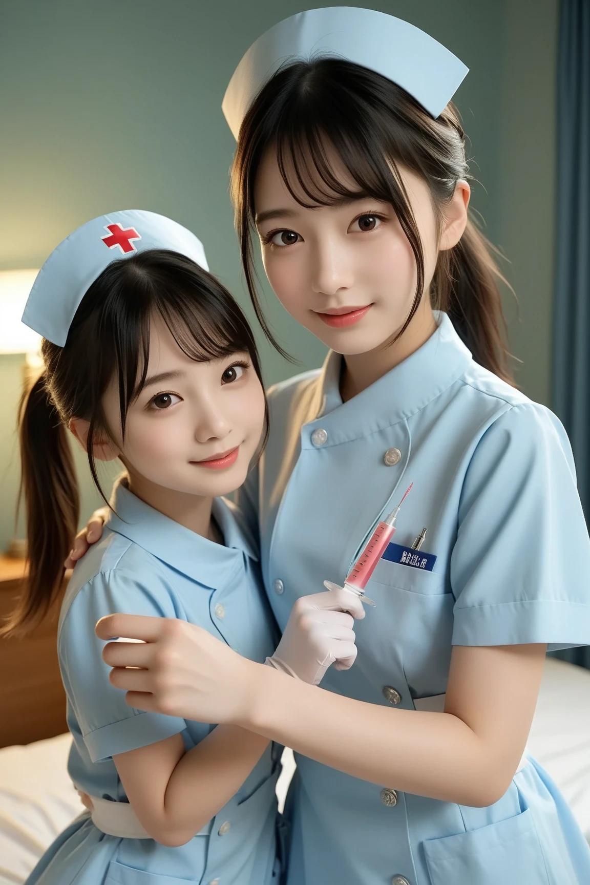 (masterpiece, the best_quality, S上er detailed, 8k, Ultra-high resolution, perfection:1.shining eyes, shy, Blushed, Moist oily skin, Small breasts,Big Thighs，Skimpy, Facing the audience, Korean Goddess, Thick lips，Gorgeous Korean model, Beautiful young Korean woman, Thick lips，Duck mouth，18-year-old girl,Asian Girl,Portrait photography，Realistic Face,White skin，CG-like face，Beautiful Skin,reflection,sunlight,Luxury，Terrace with a night view，,Shiny hair,Flowing Hair,Cowboy Shot,Cosplay((A cute nurse in a white uniform, with a stethoscope around her neck, standing in a hospital setting, smiling warmly))((Spread your legs,Spread your legs,Detailed genitals,Detailed chest,Detailed nipples,Spread your legs,Spread your legs,Naked girlfriend)),((Panting,Show off your breasts,Topless, on the body,Sleeping on your back,Men and sex))