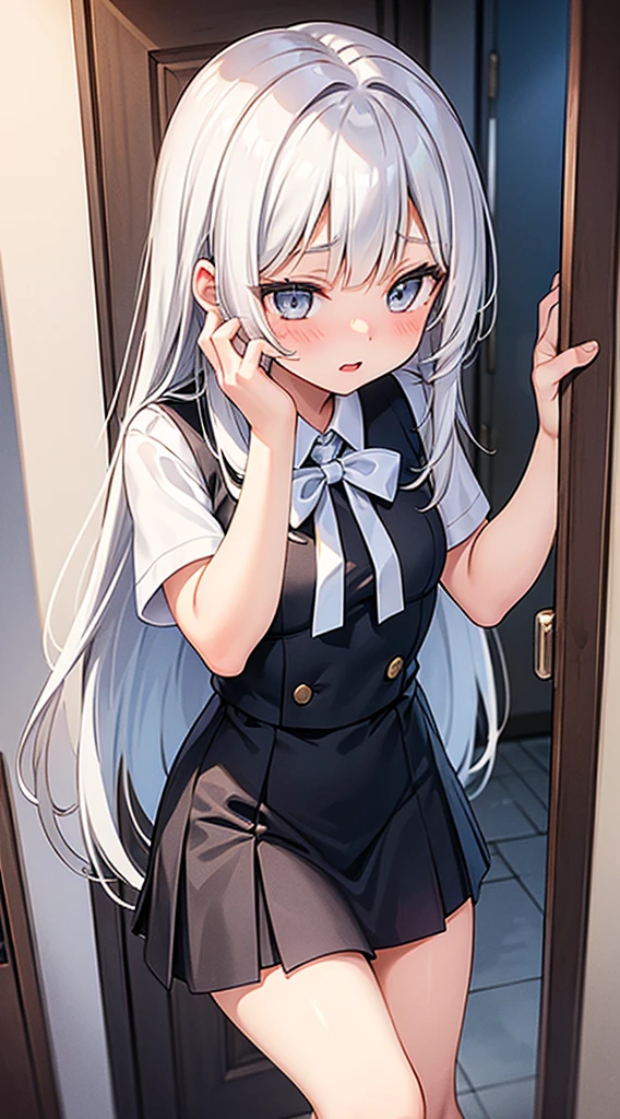 ((masterpiece, best quality, ultra-detailed)), (1girl:1.2), cute_face, blunt bangs, grey eyes, hair strand, long hair, white hair, in japan style bedroom, looking at viewer, from front, close up, portrait, focus, leaning forward, from below,  kamisato_ayaka,furry, thick_thighs, chibi