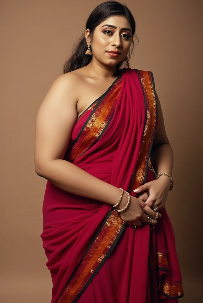 wolf cut hairstyle erotic hindu wife, facing the camera, wide angle camera view, standing far for camera, legs looks sexy, super sexy legs, super big fake lips red lipstick, super delicious cubby body, saree bra, chubby body, super lower saree, huge boobs, huge breast, 