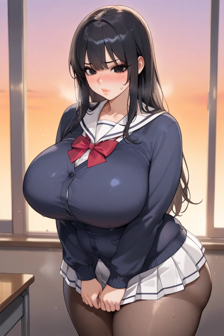 1 Girl, Rikka Takarada, blue eyes, black hair, long hair, bangs, , white cardigan, black miniskirt, red bowtie, orange wrist scrunchie, (Huge breasts、Huge Ass、Very thick thighs、Sexual smile、Bitch、prostitution)、rape、gang rape、masterpiece:2, High resolution、high quality、High resolution、8K,Anime Style、Shiny skin、Oily skin、