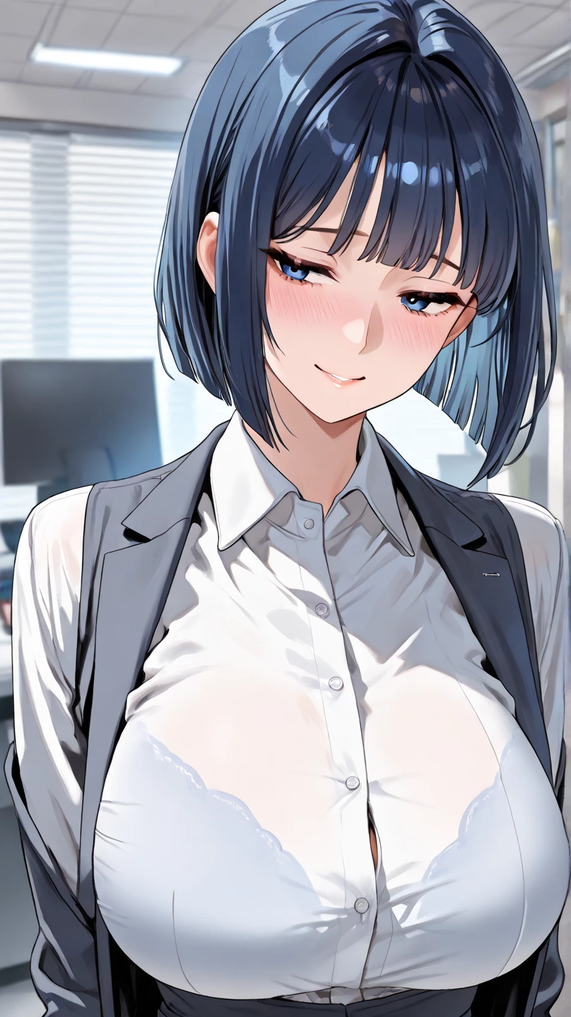 Elegant shorthair、Full body photo、45-year-old office lady、Intelligent married woman、Beautifully detailed hair、Beautiful and detailed brown eyes、beautiful flat chest、Beautiful, clear skin、Medium chest、Office worker uniform、A crew neck cut and sew shirt with a plain blue vest、Woman&#39;s wedding ring on the ring finger of her left hand、青色の膝下丈くらいのOffice worker uniformのペンシルスカート、Embarrassed face,surprise,I&#39;m happy and embarrassed