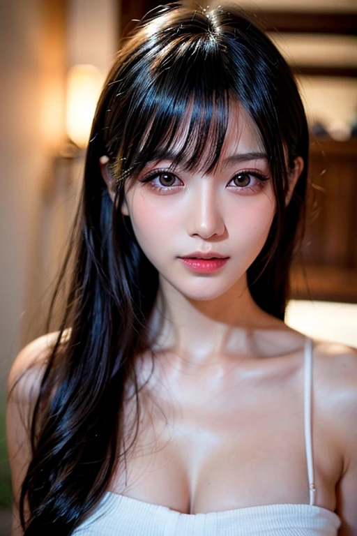 Girl VN01, Loli anime girl in pink wet clothes, Realistic Shadows, Detailed skin, Very small breasts, Black hair, Hair Ribbon, Very detailed, 8K highly detailed face, Perfect face shape, Perfect lips, Perfect nose, Correct beautiful eyes, Watching Viewer, masutepiece, Best Quality, Single Girl, No bra, No panties, Solo, profetional lighting、Green lighting、